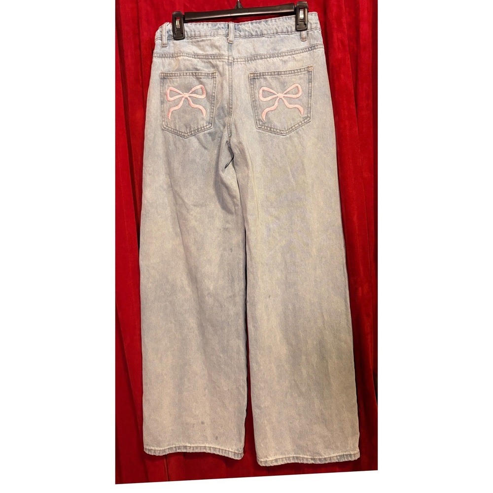 Edikted Wide Leg Jeans teen size 5 Light Blue Good Pink Bow Embroidery Y2K Denim